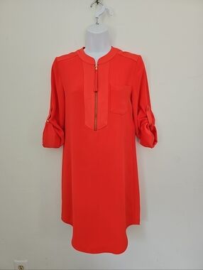 Trina Turk 1/2 Zip Orange Shift Dress Size XS Long Roll-tab Sleeve Band Collar